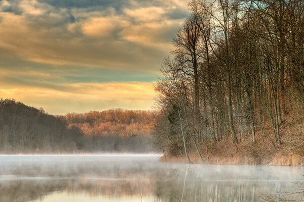 Lac brumeux sur fond de forêt d automne