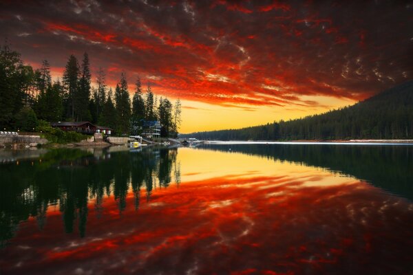 Reflet de la forêt dans la rivière. Beau coucher de soleil. Nature inhabituelle