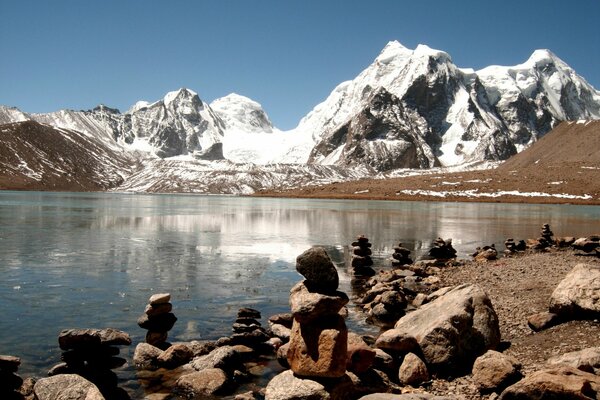 A pond with large stones on the shore in the Himalayas