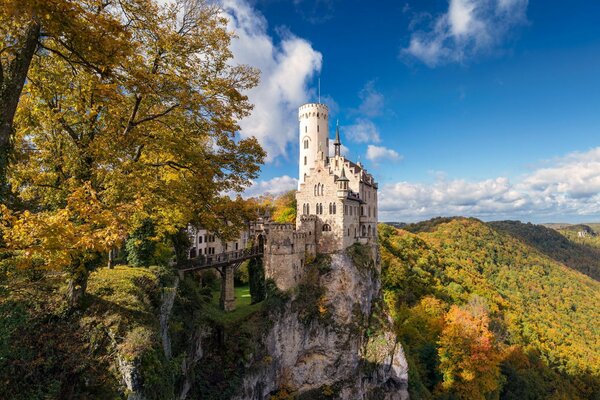 Schloss im Herbstwald auf einem Hügel