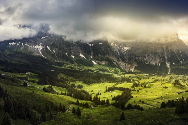 Valle verde en el Cantón de Berna, Suiza