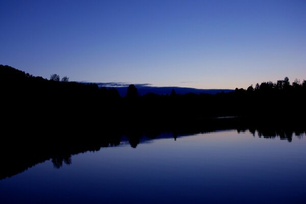 Amanecer sobre el lago del bosque en tonos azules