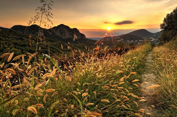 El camino que conduce a una hermosa puesta de sol en las montañas