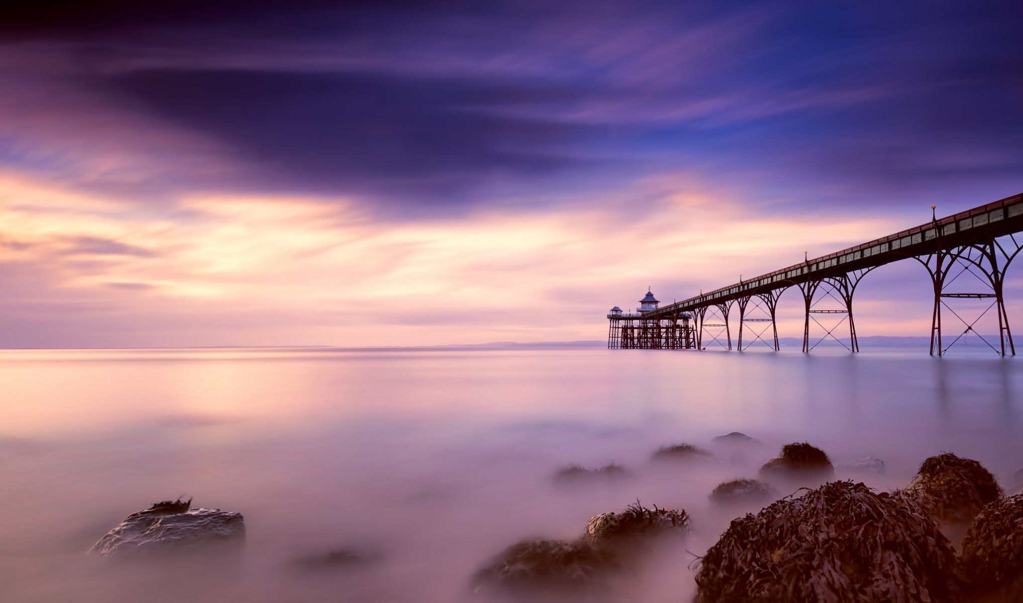 united kingdom england somerset county gulf beach pier night pink blue sky cloud