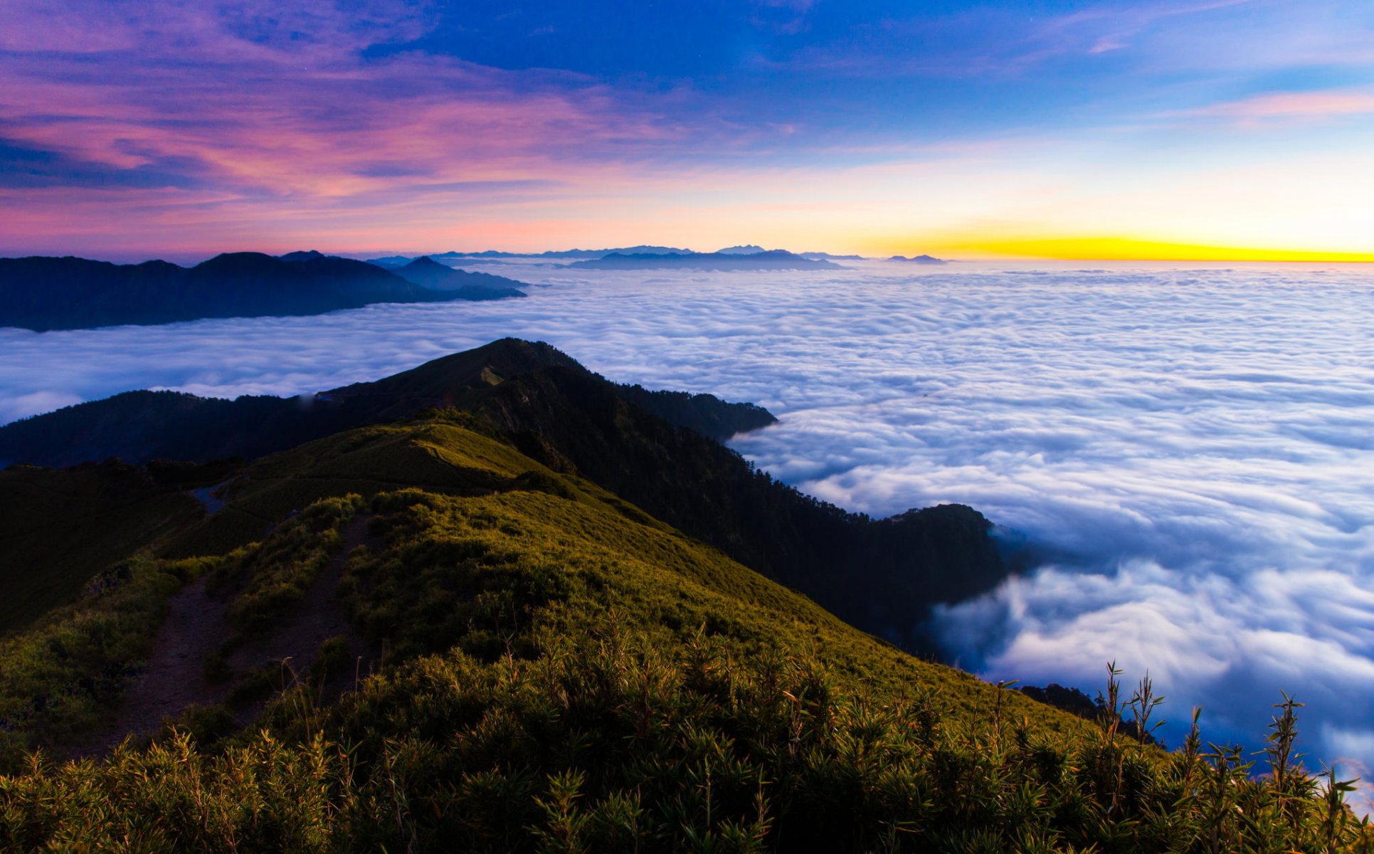 mountain forest fog morning rasvet clouds panorama