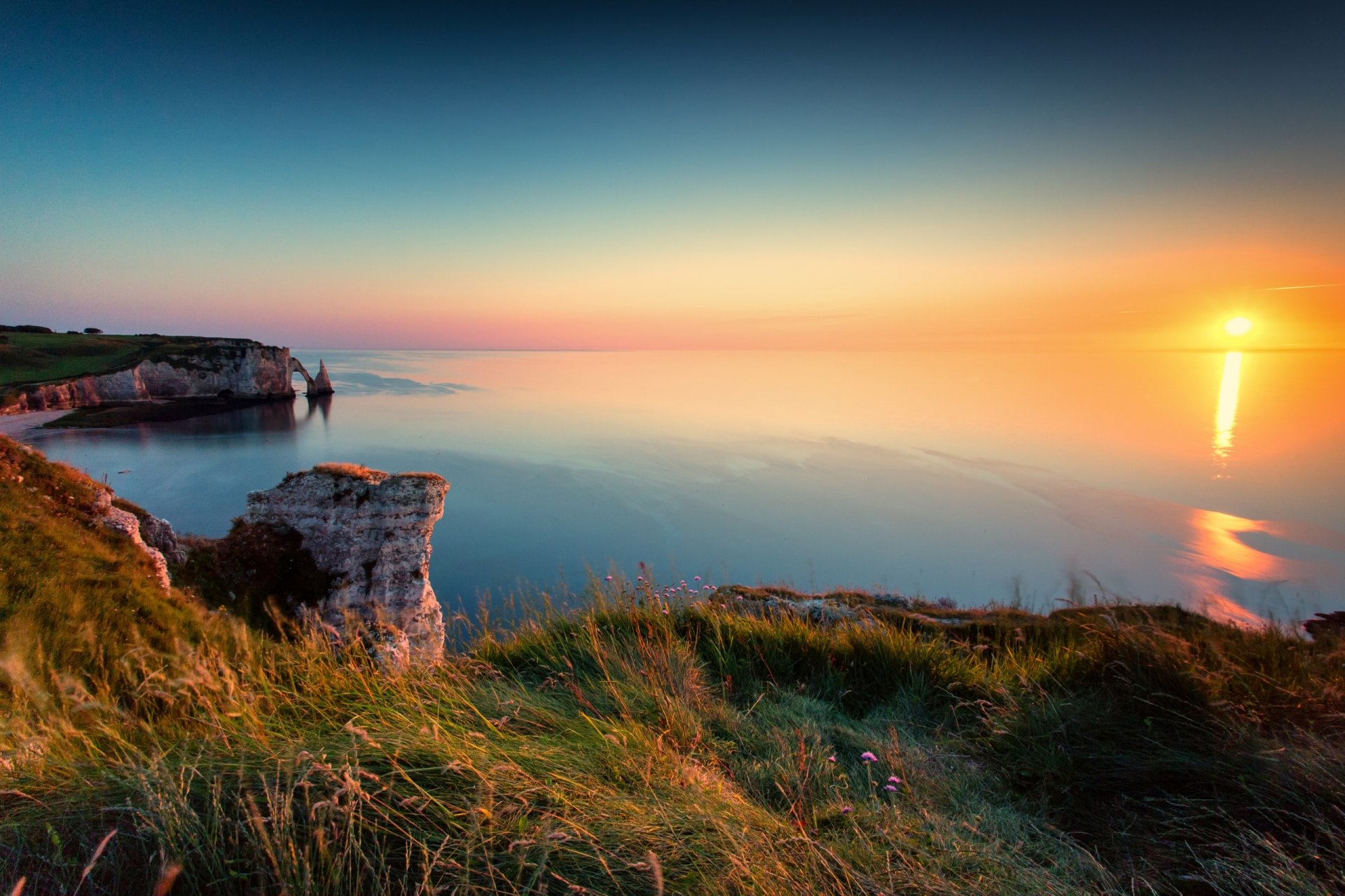 sonnenuntergang cliffs of étretat landschaft natur