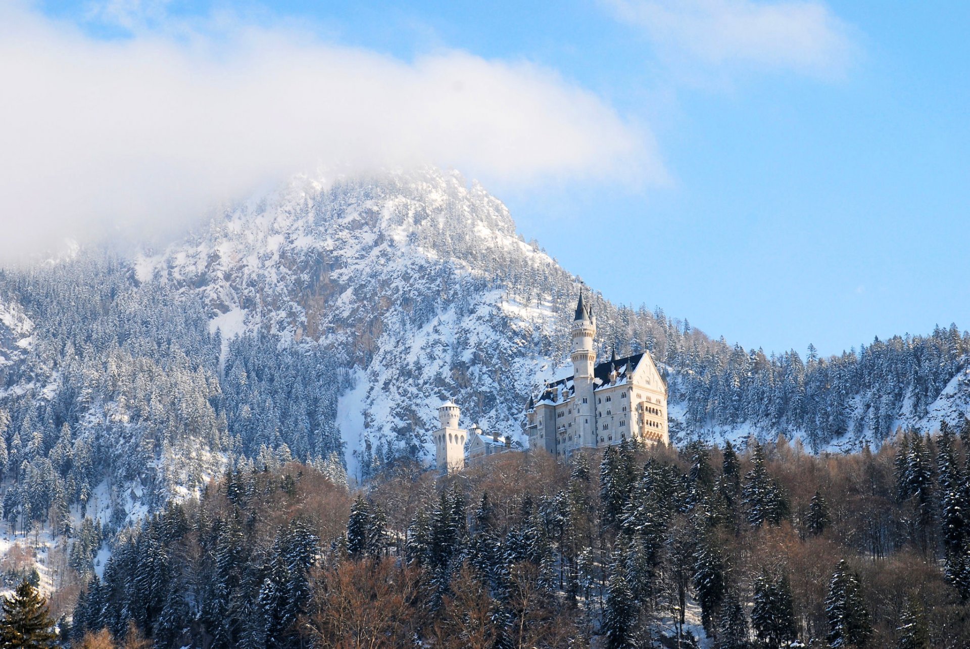 neuschwanstein deutschland bayern schloss ludwig winter schnee himmel wolken bäume turm wald berge