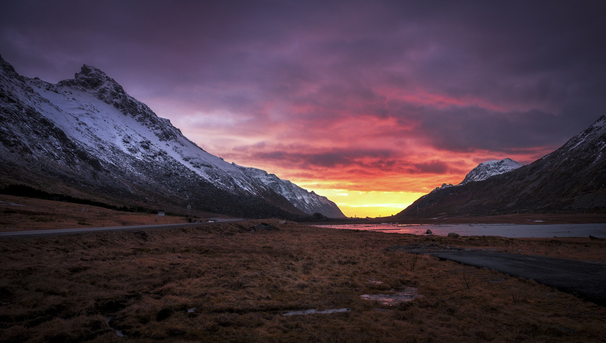 norwegen berge tal straße morgen morgendämmerung