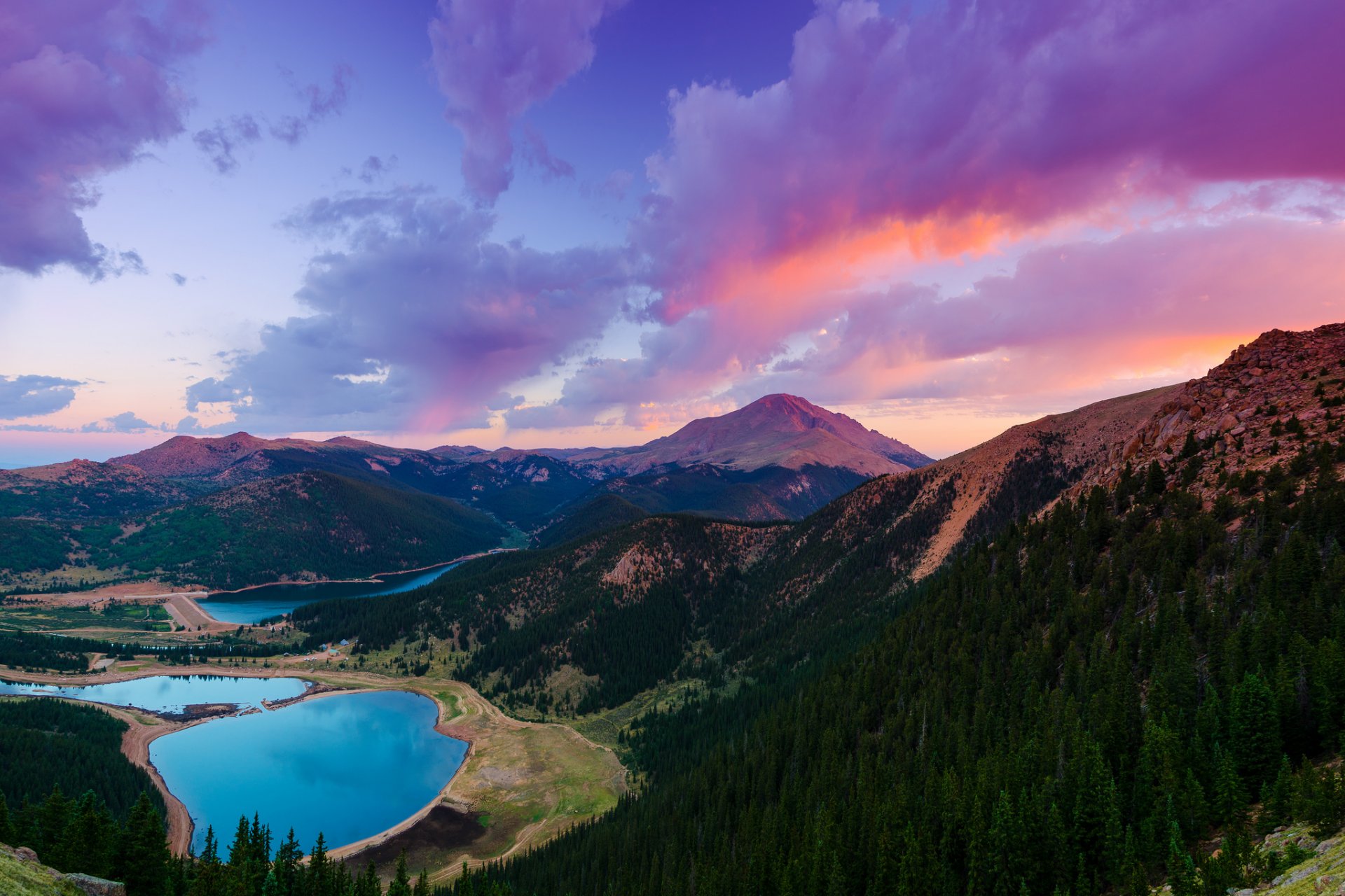 estados unidos colorado monte pikes peak lagos bosque puesta de sol cielo nubes