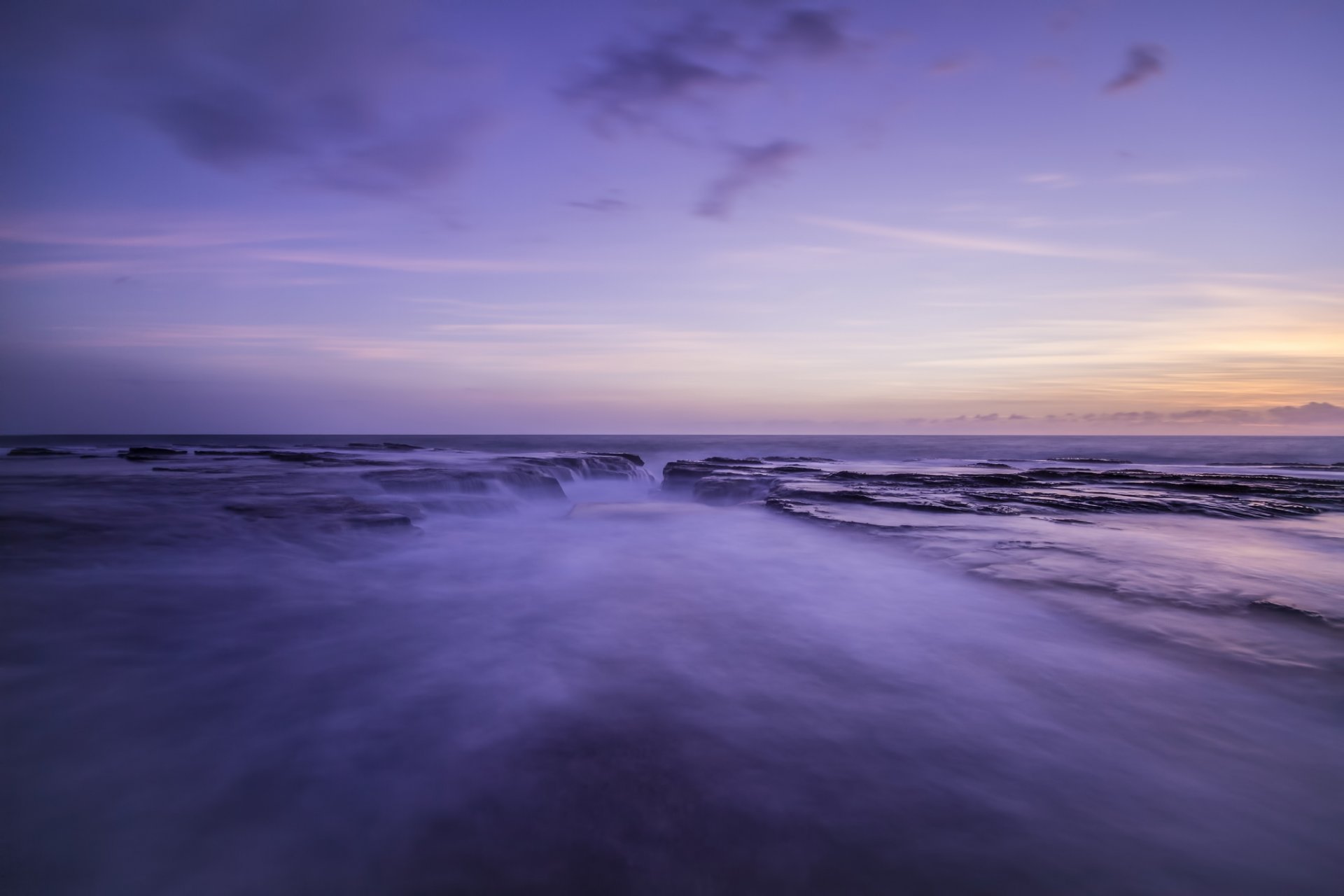 australie baie lagune mer côte soir coucher de soleil lilas ciel