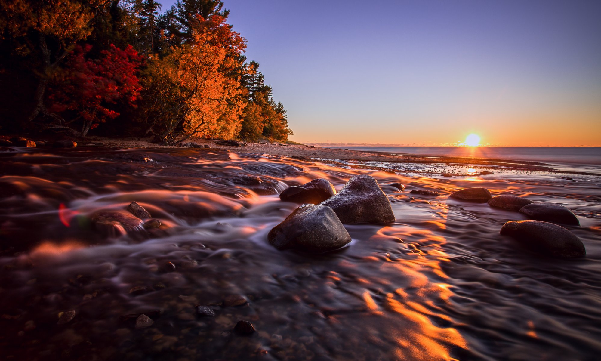 usa sky sunset sea lake shore trees rocks autumn sun