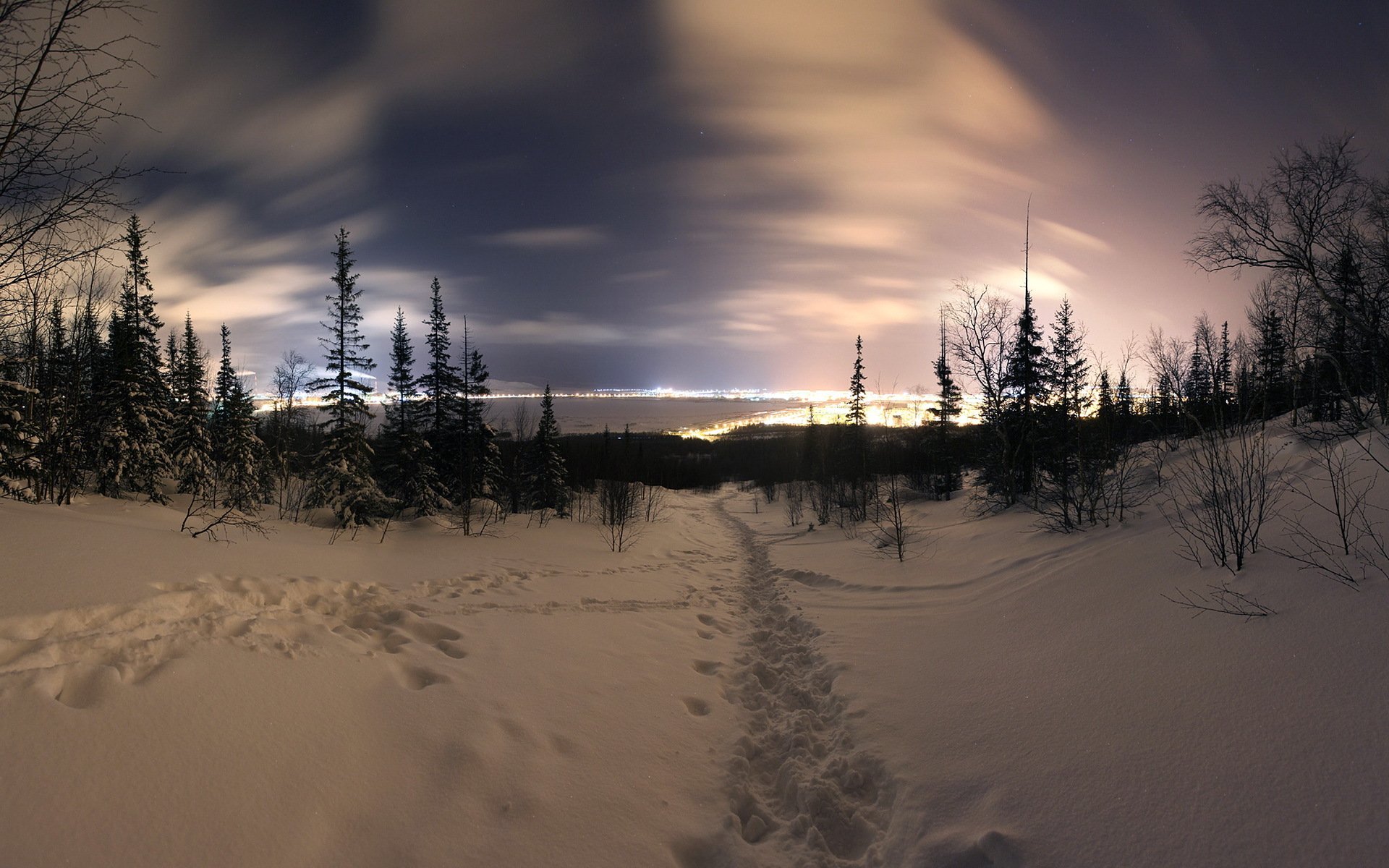 nuit hiver neige ville paysage