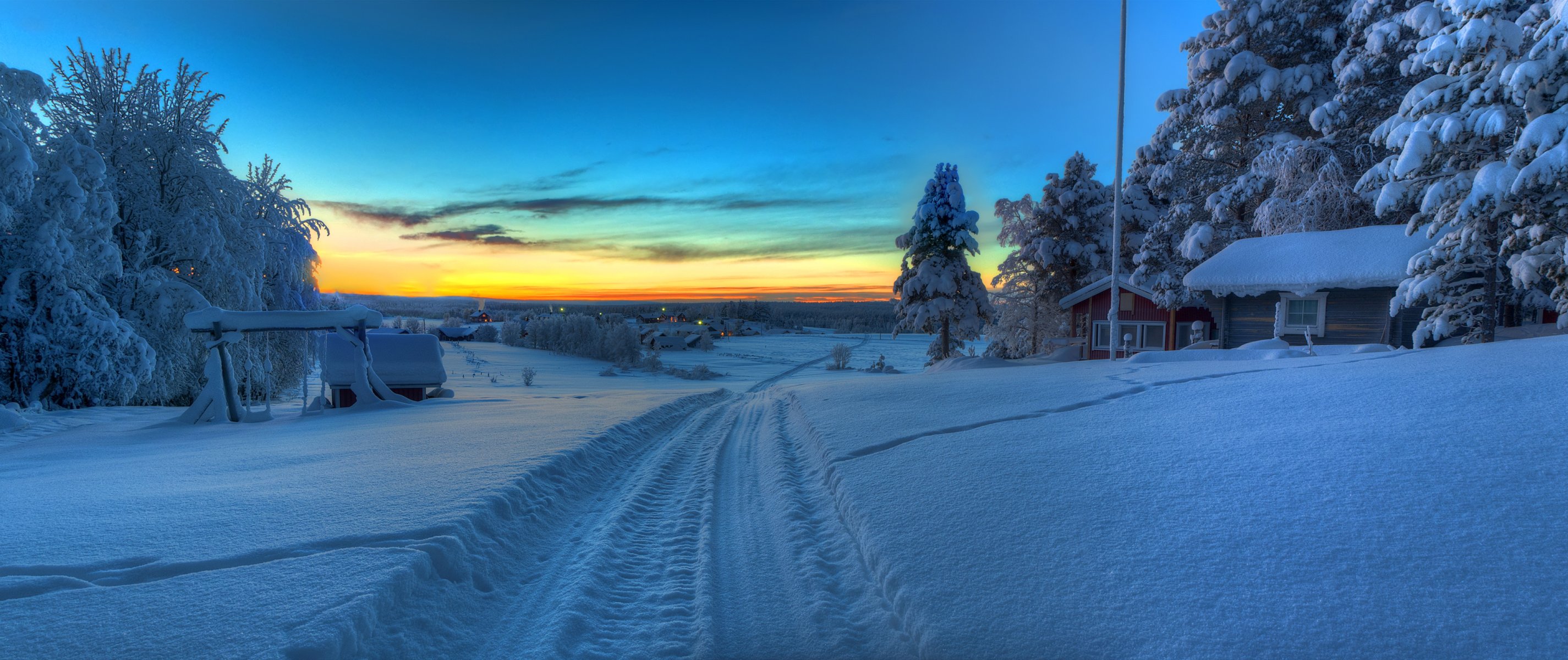 ky clouds sunset winter road snow house tree panorama