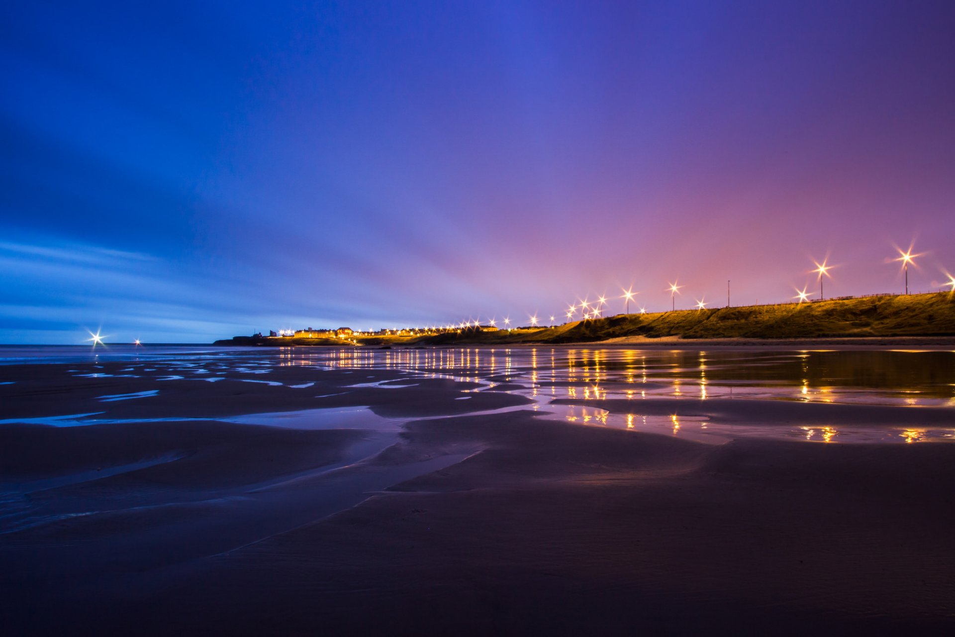 großbritannien england nordsee ebbe küste küste beleuchtung lichter laternen nacht blau lila himmel