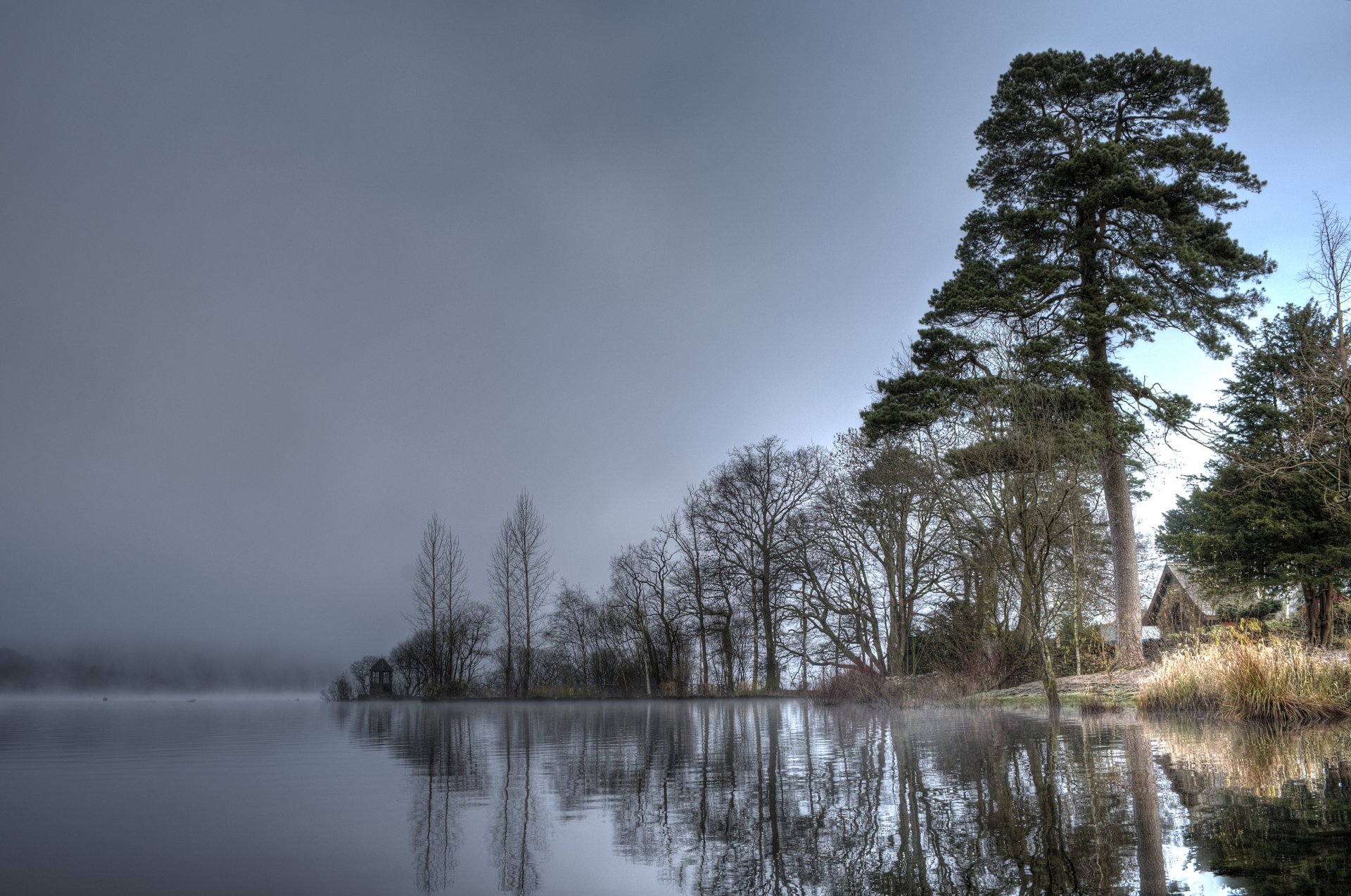 cielo agua árboles casa niebla lago río