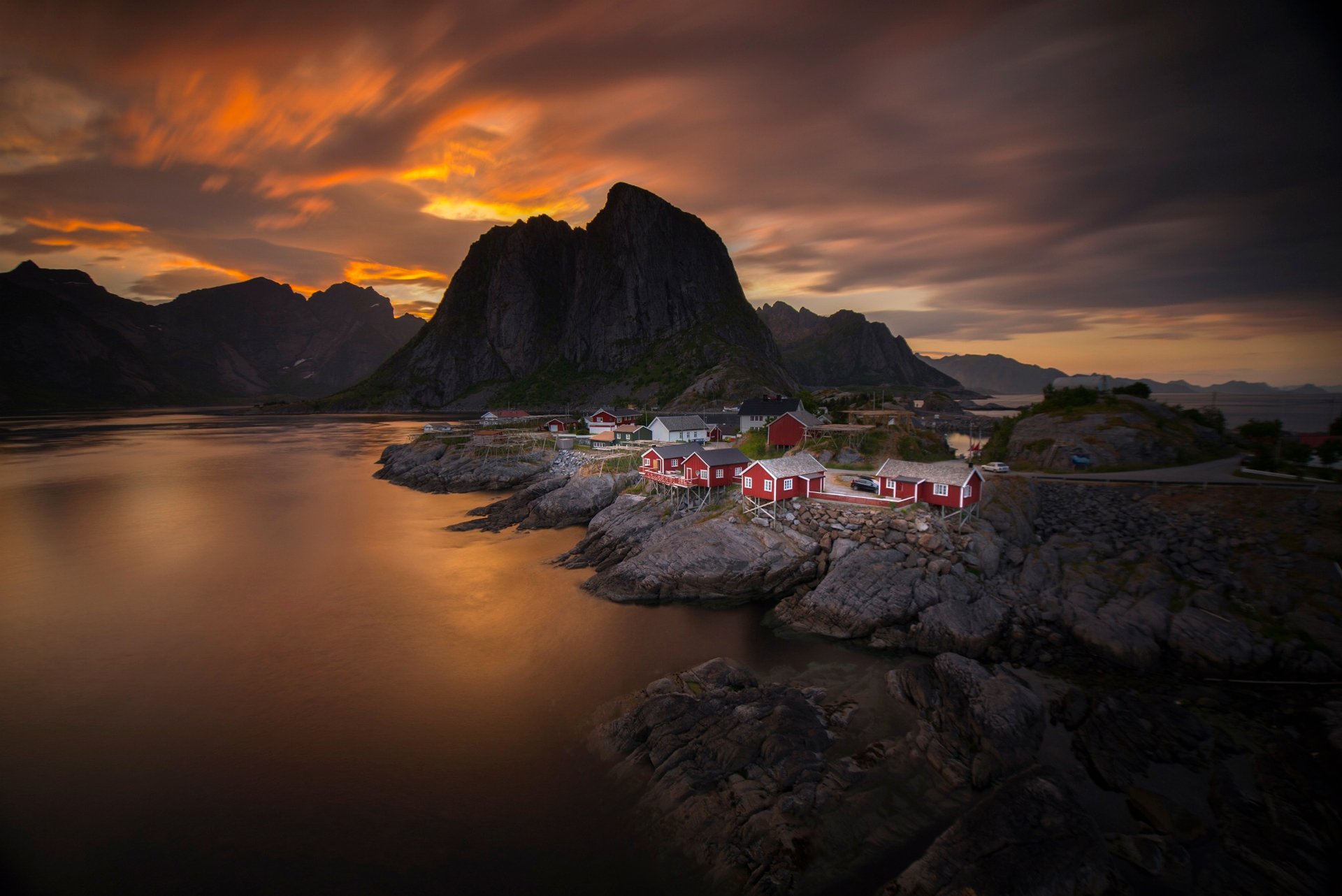 norway sky clouds sunset night sea mountain village house