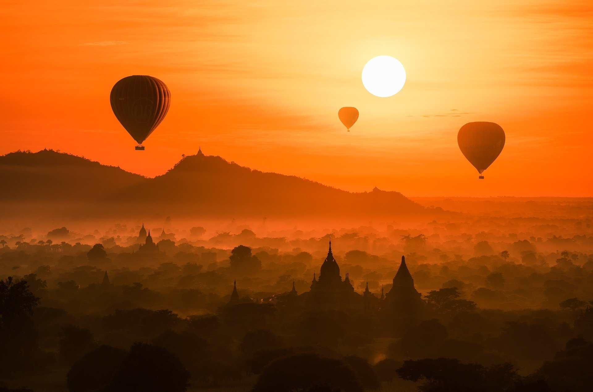 myanmar burma the lost town old architecture sunset forest temple palace old town lost city bagan mist balloons sun flight