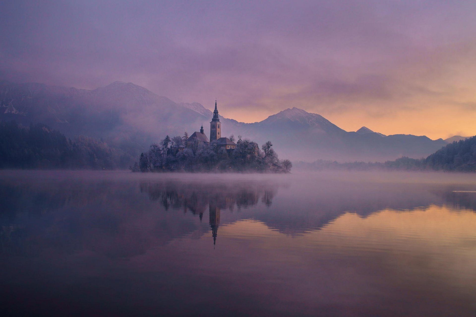 winter lake forest island castle dawn haze