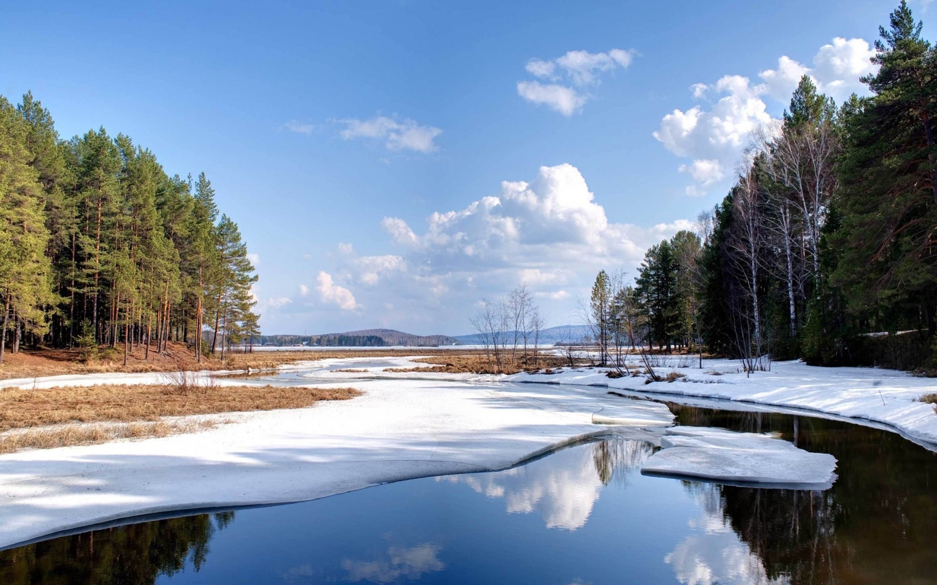 himmel wolken winter schnee bäume wald fluss natur