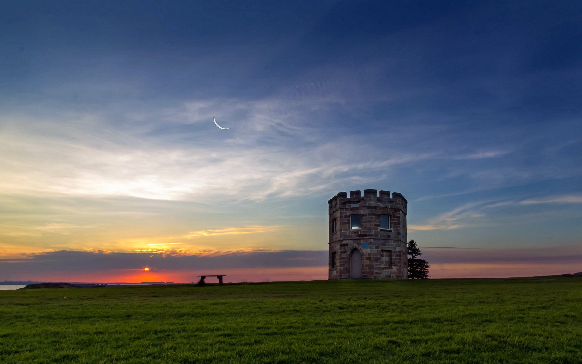 sonnenuntergang feld bank