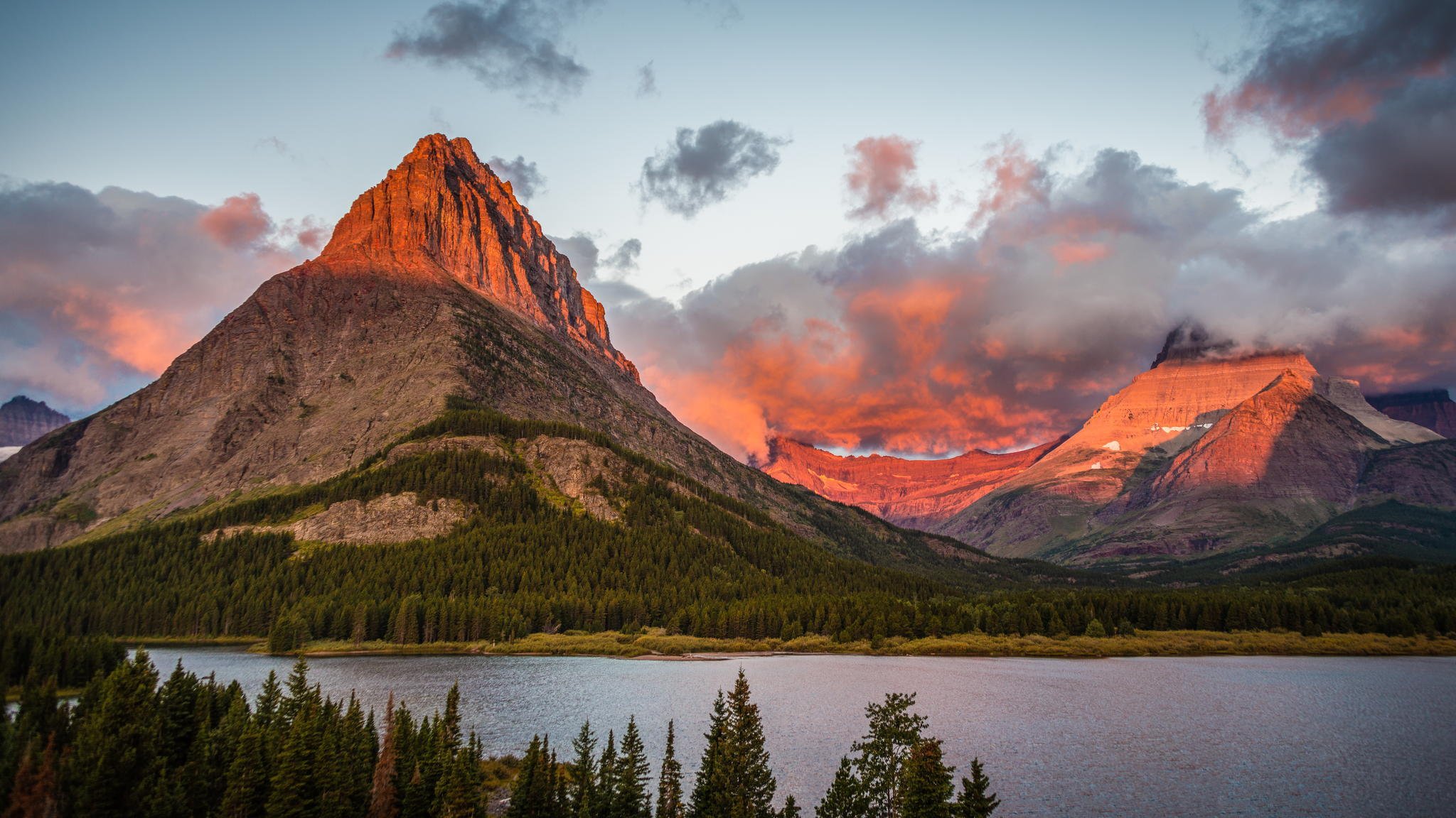 mountain dawn clouds forest lake nature