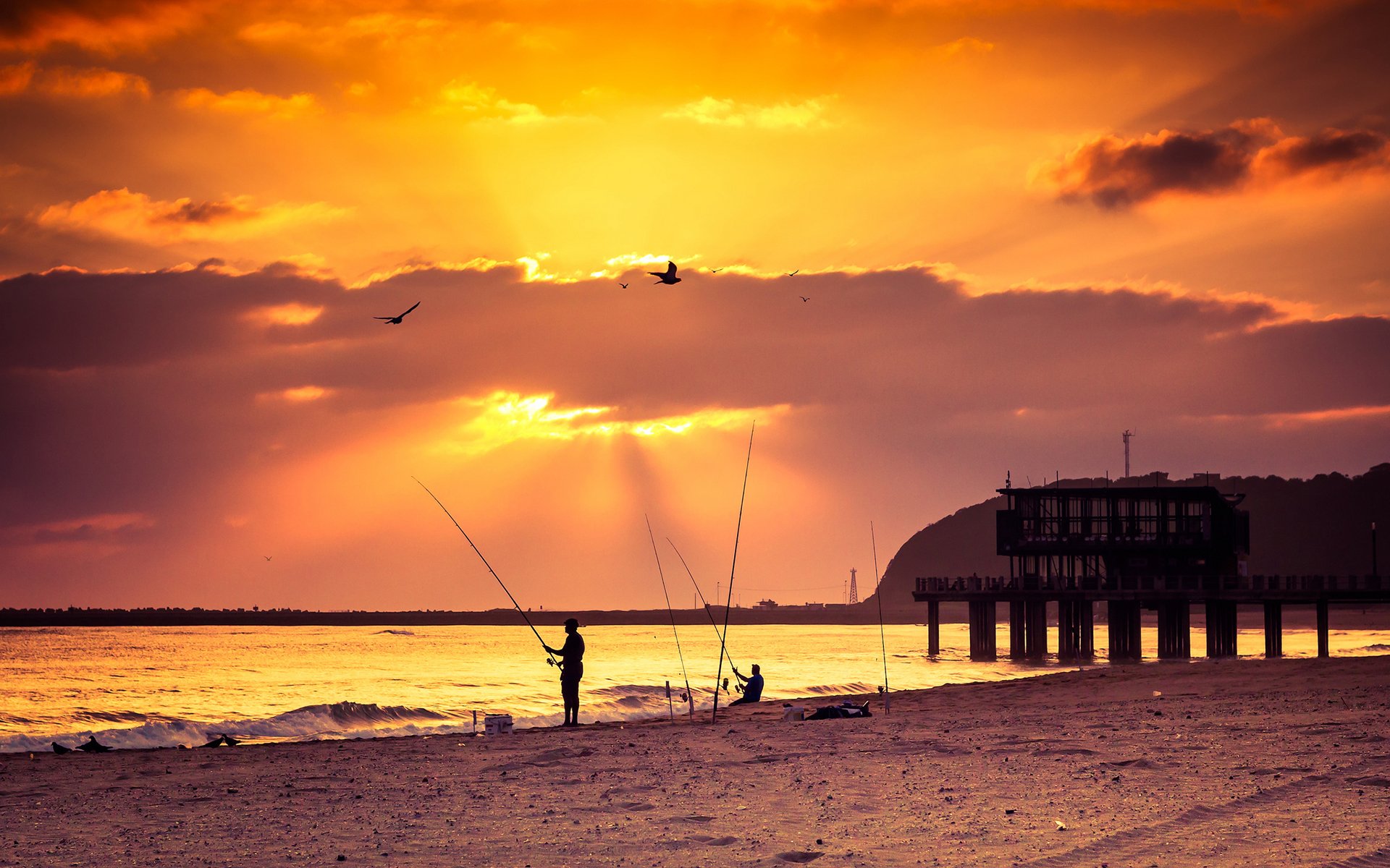 puesta de sol mar muelle playa pesca