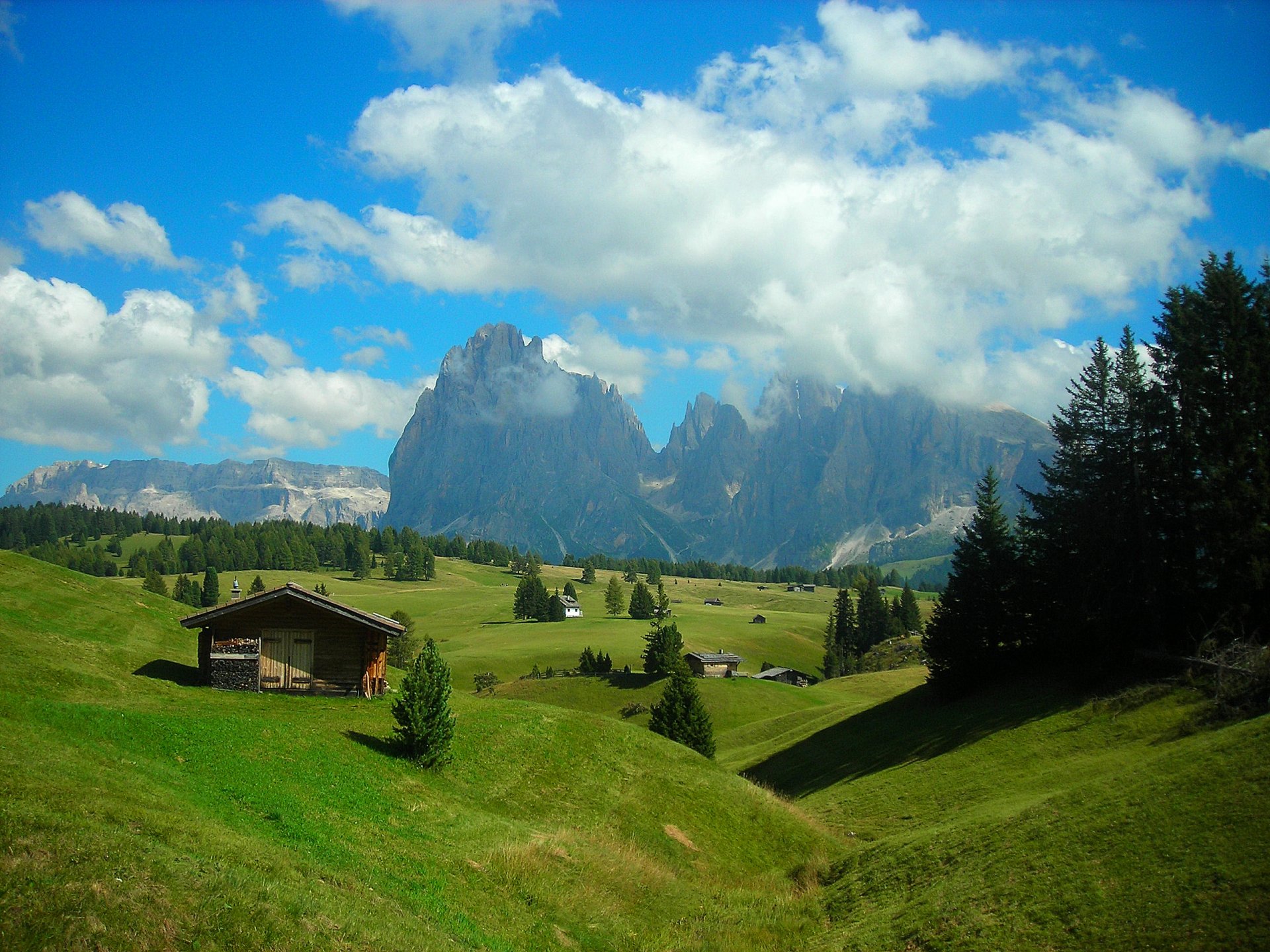 himmel wolken wald bäume berge hügel hütte gras