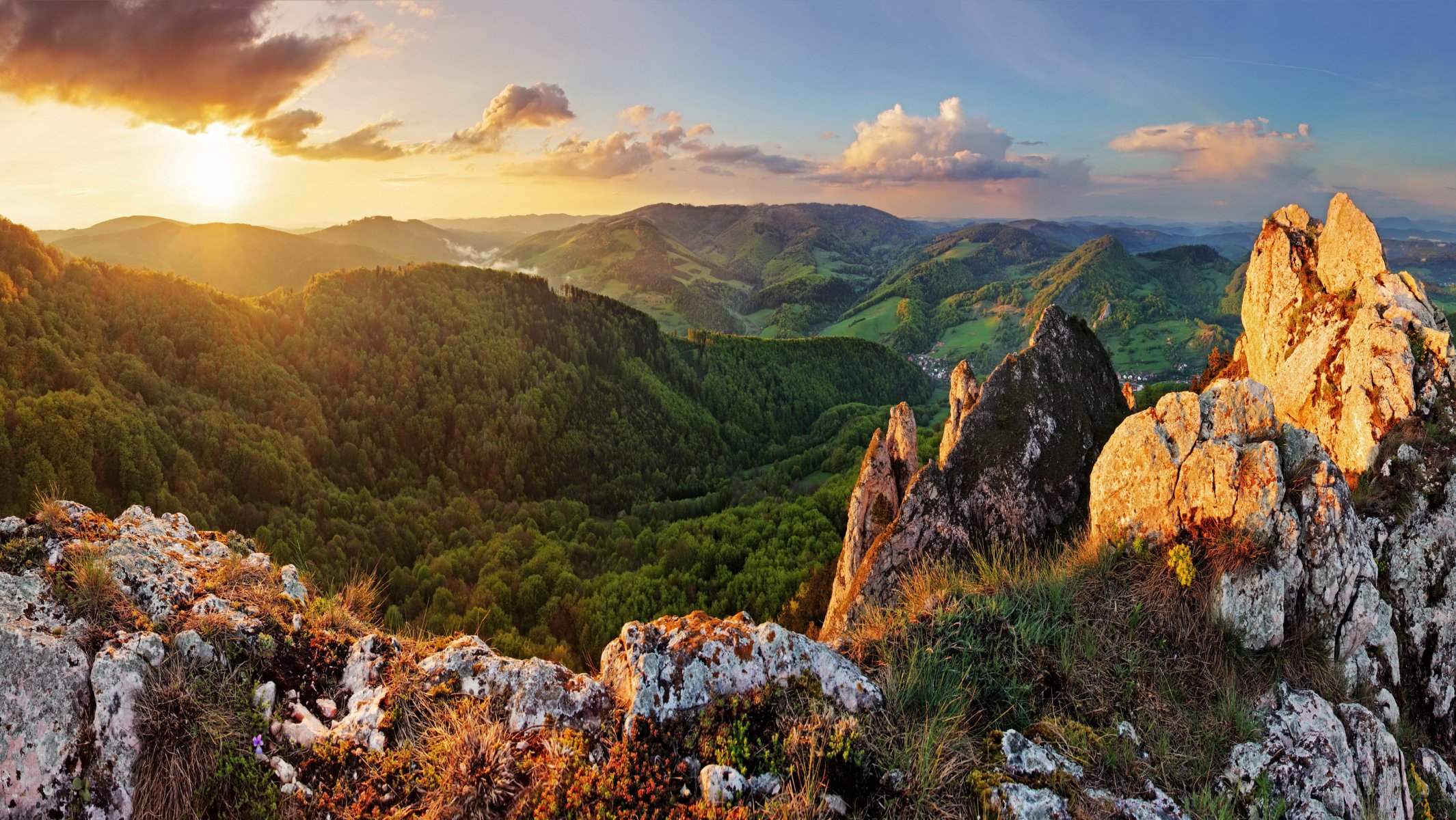 berge steine wald bäume natur sonnenuntergang himmel wolken