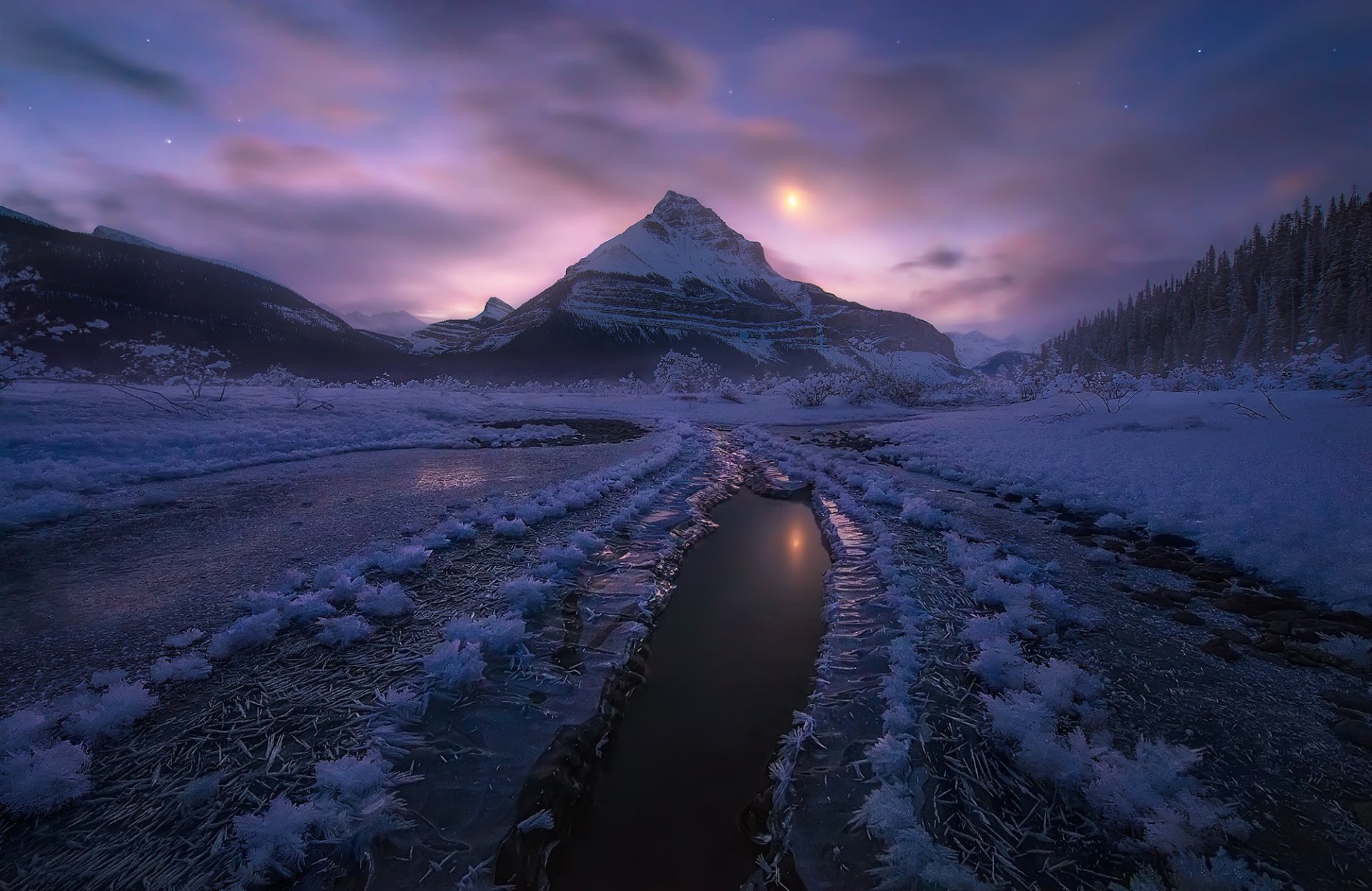 canada alberta parco nazionale di jasper inverno neve montagne notte chiaro di luna