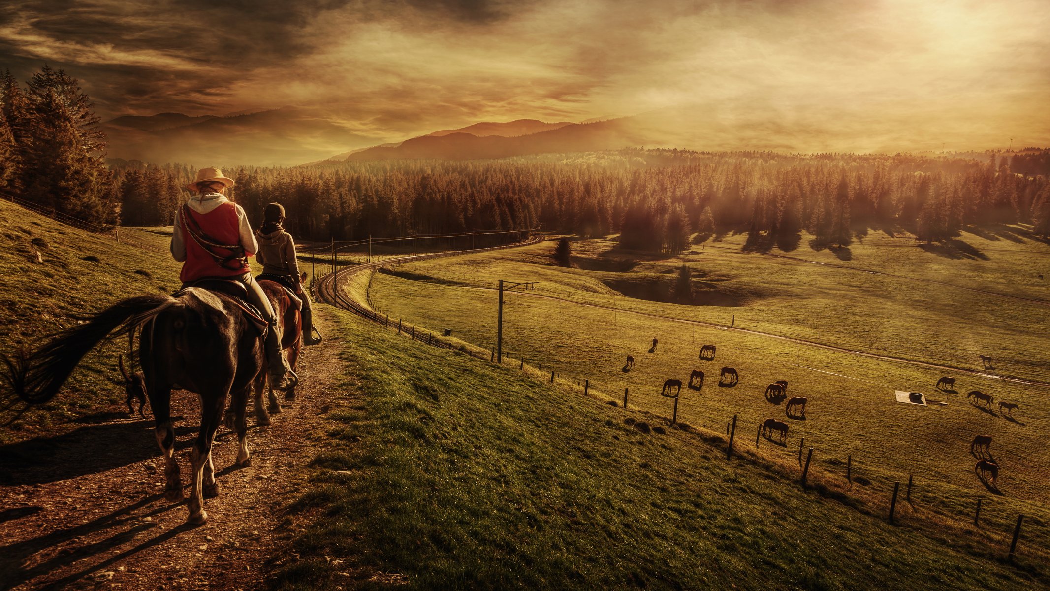 landscape hill hillock trail people riders riders field pasture animals horses railway forest horizon highland