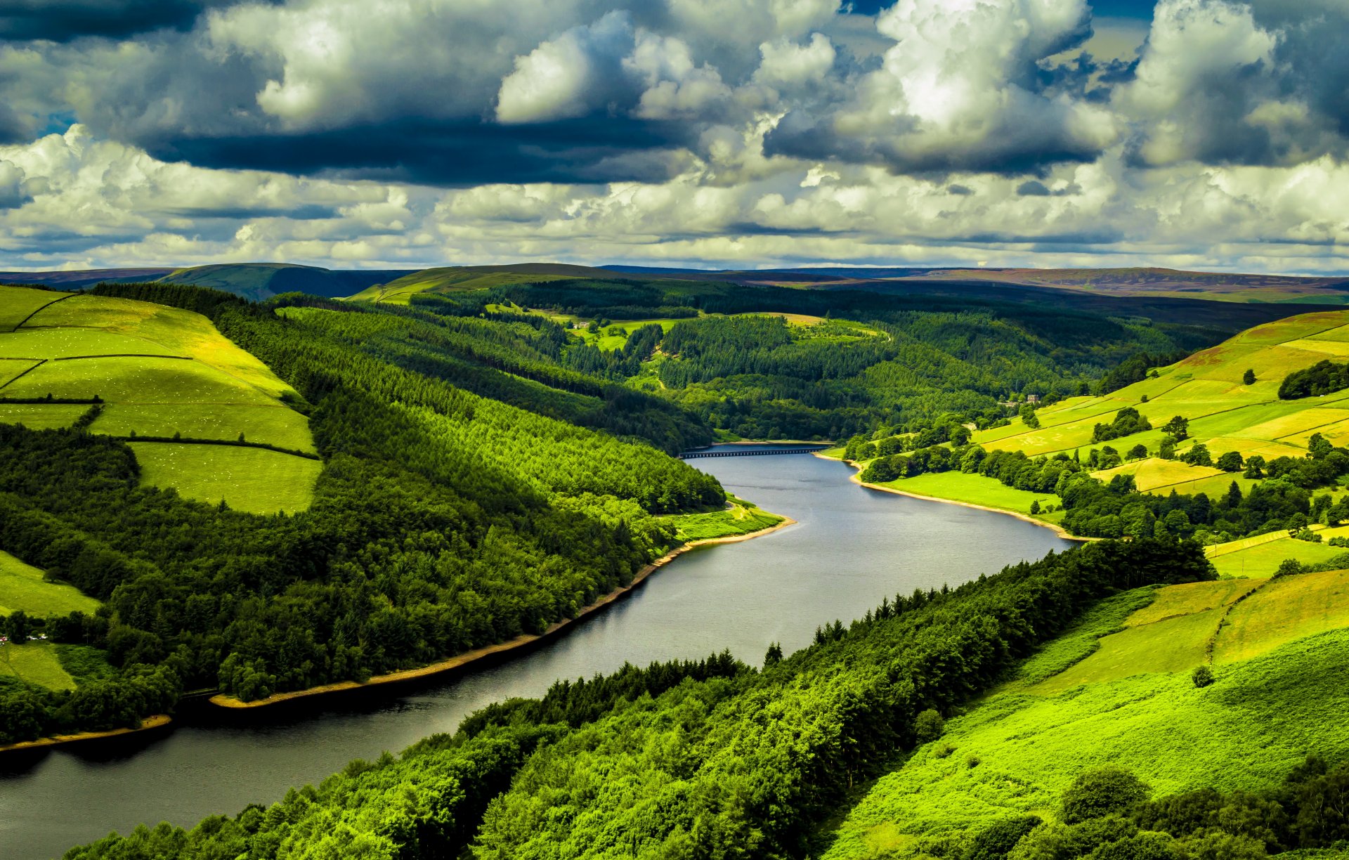 krajobraz wielka brytania rzeka pola las ladybower chmury natura zdjęcia