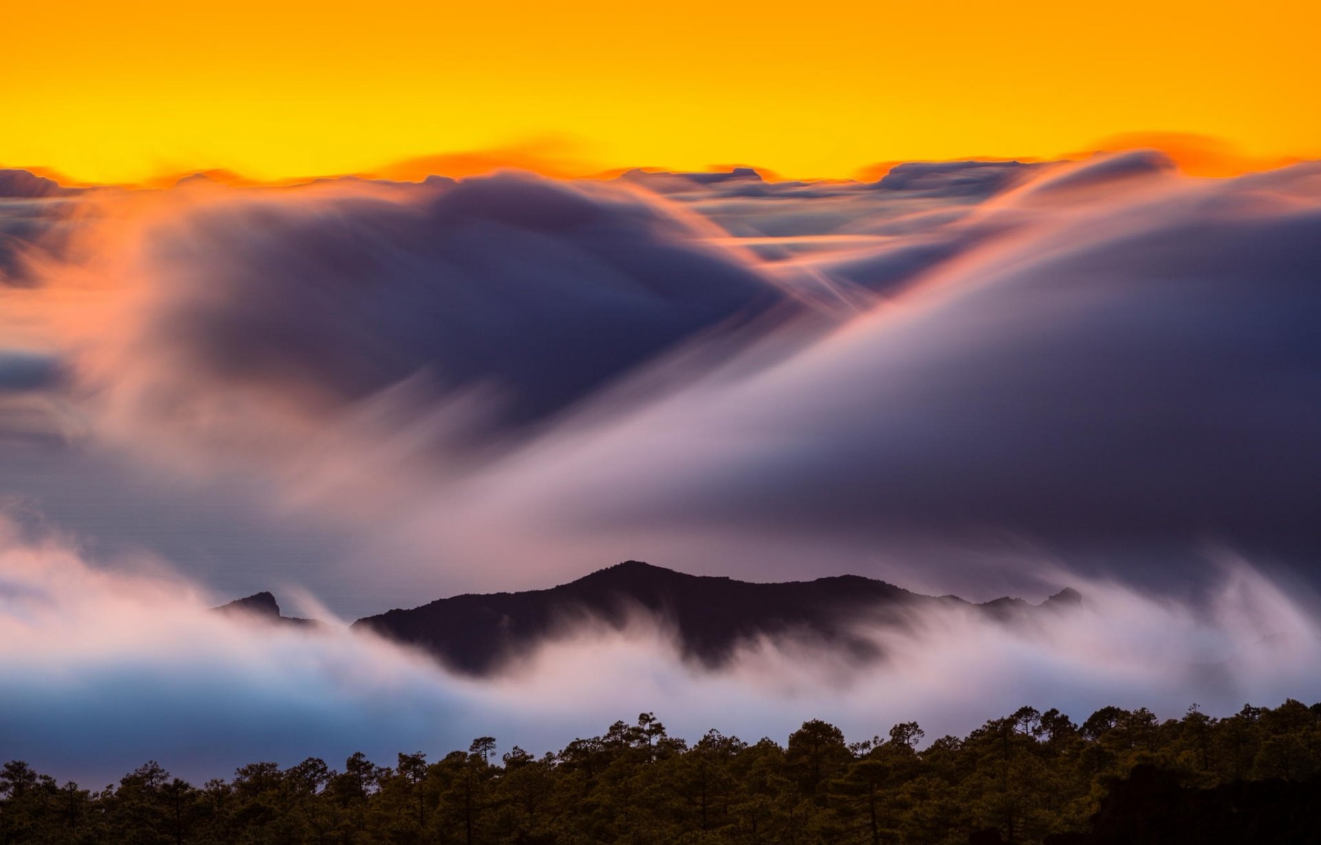 montañas altitud árboles bosque amanecer exposición nubes