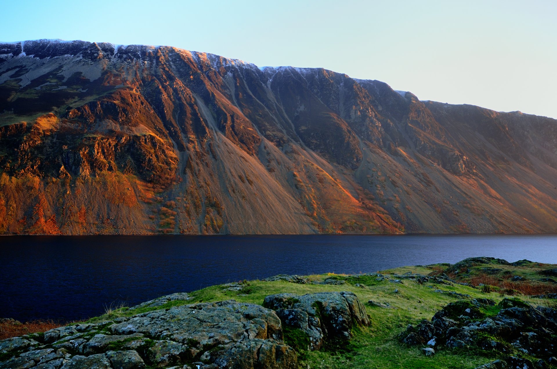 mountain lake stones sunset