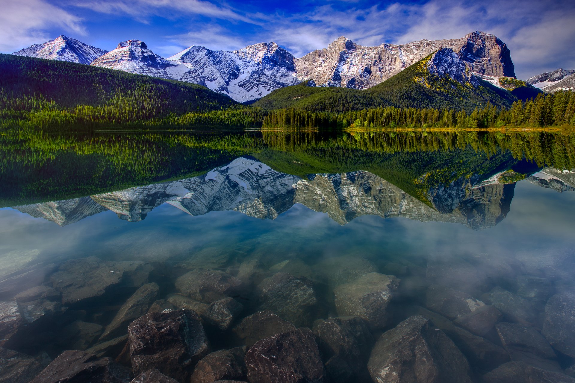 alberta canada sky mountain forest tree reflection stones clouds nature snow