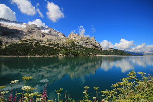 Mountains reflected in the mirror surface of the lake