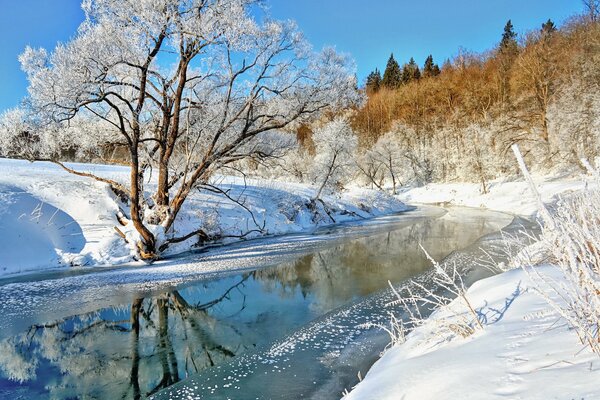 Winterlandschaft, der Fluss friert nicht ein