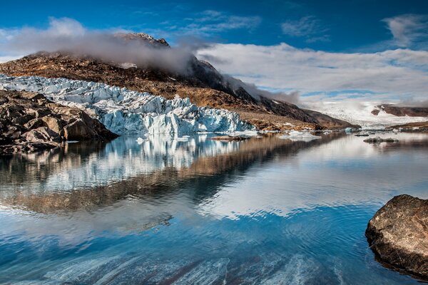 Greenland in ice with sky-blue water