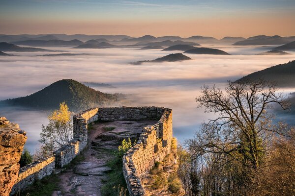 The fog covered everything, only the ruins of the castle and a couple of hills are visible