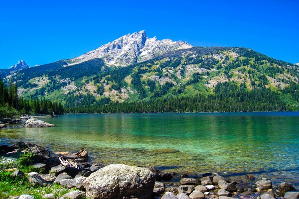 Crystal clear water of the lake at the foot of the mountains