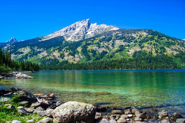 Aguas cristalinas del lago al pie de las montañas