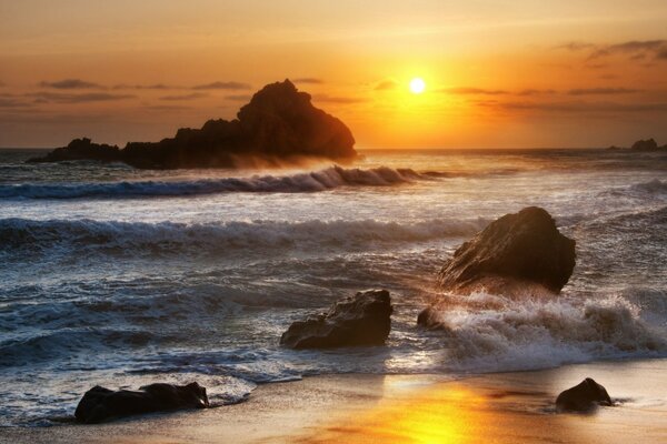 Dawn on the rocky seashore