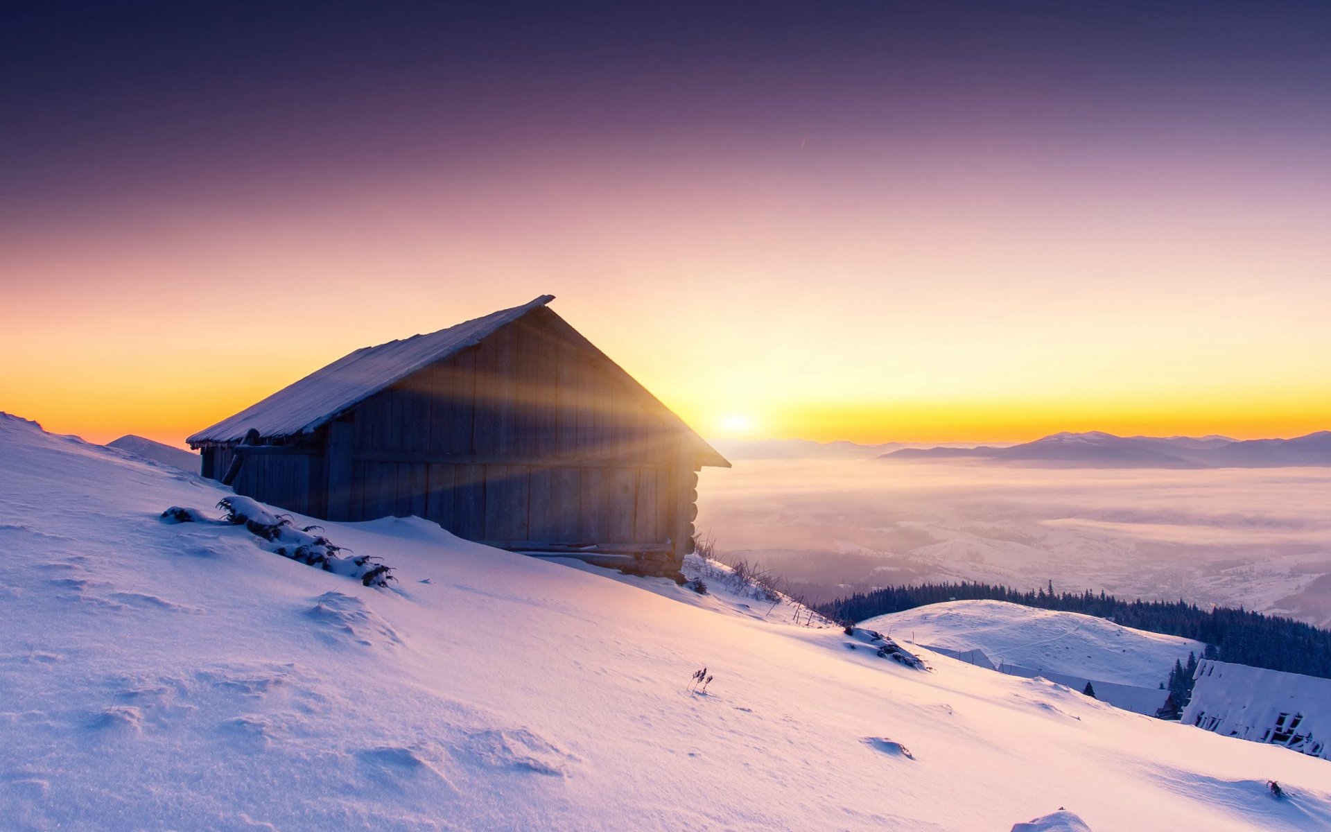 paesaggio natura casa cielo inverno neve freddo gelo colline silenzio mattina alberi foreste alba sfondi widescreen