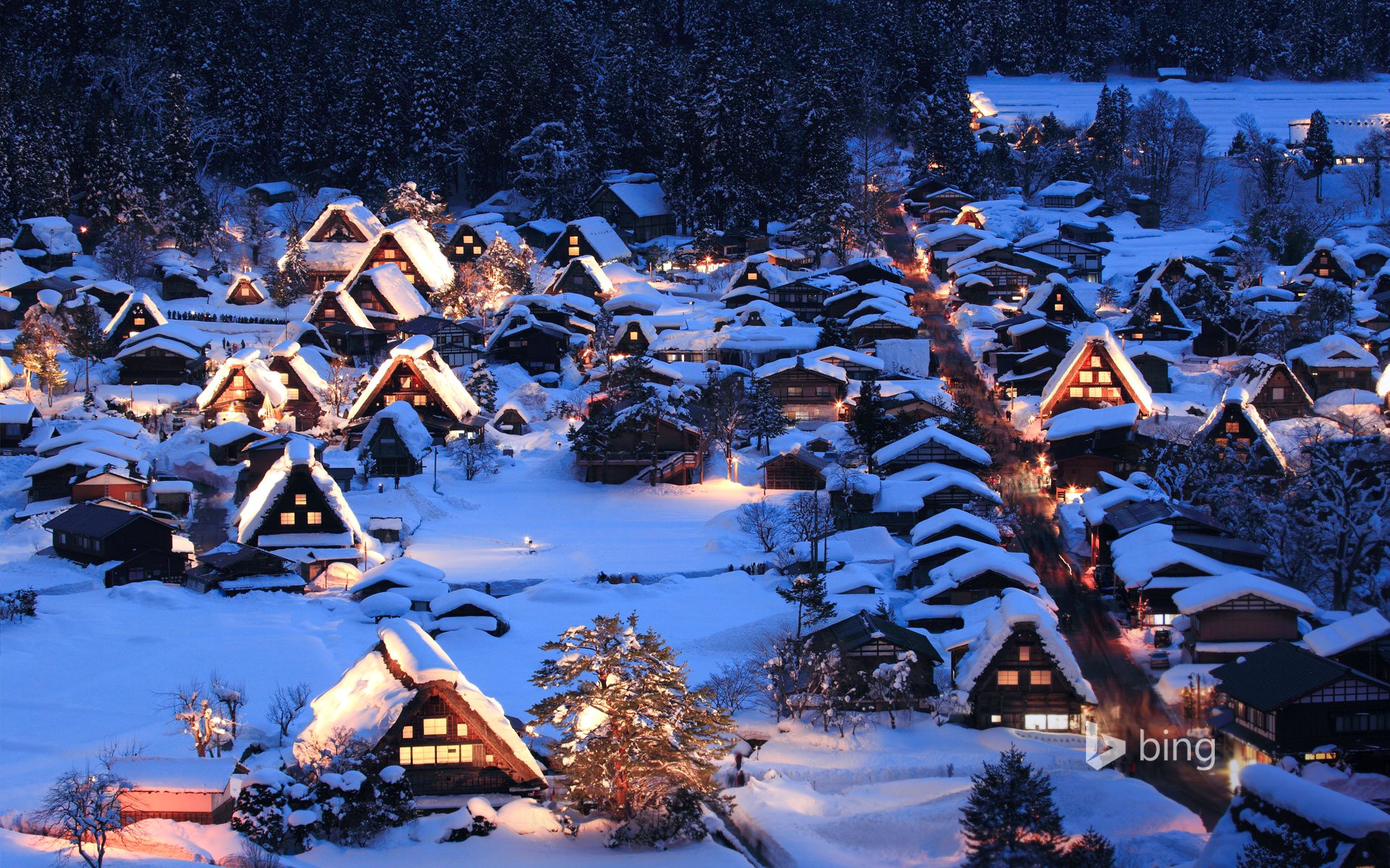 shirakawa-go gokayama wyspa honsiu japonia noc światła dolina zima śnieg