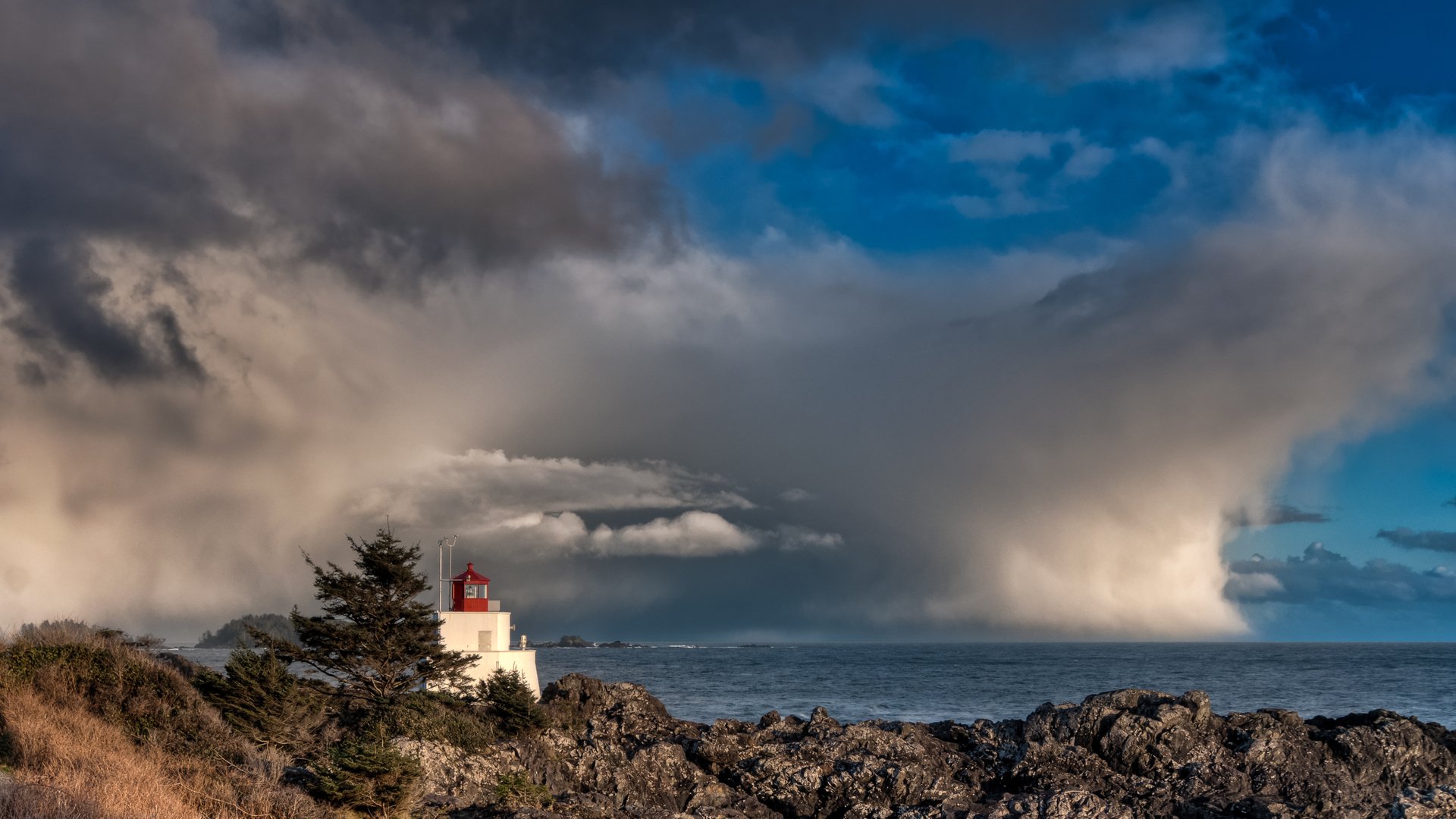 himmel wolken gewitter felsen wasser bäume gebäude