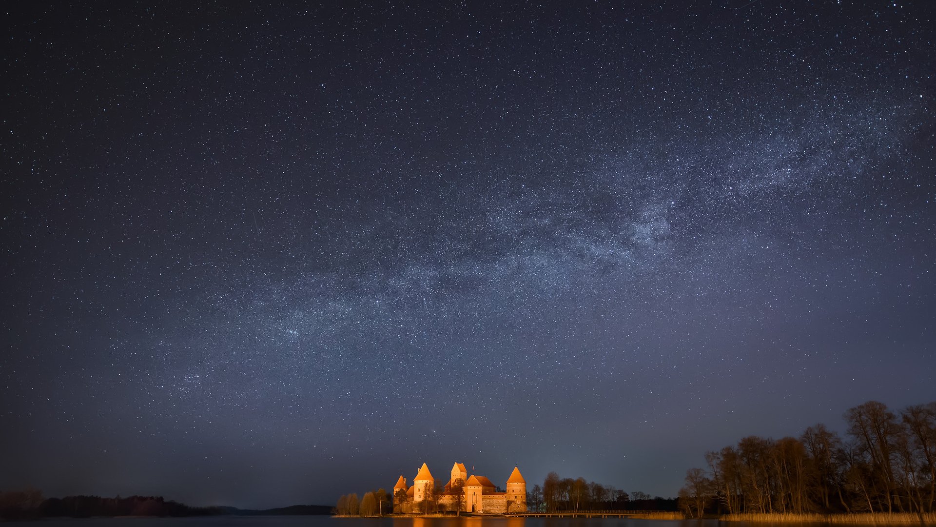 castillo cielo estrellas árboles puente