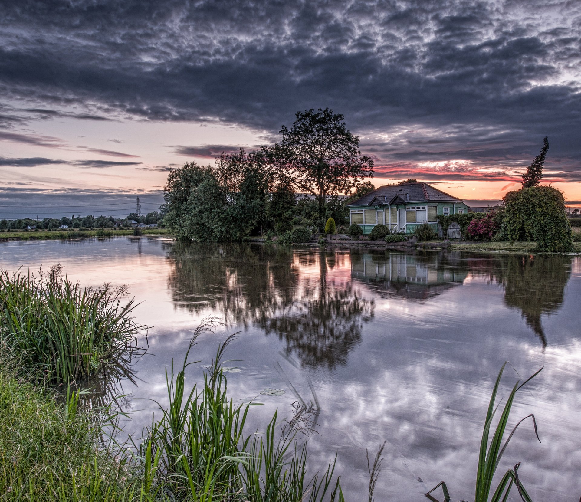 lago estanque casa árboles amanecer