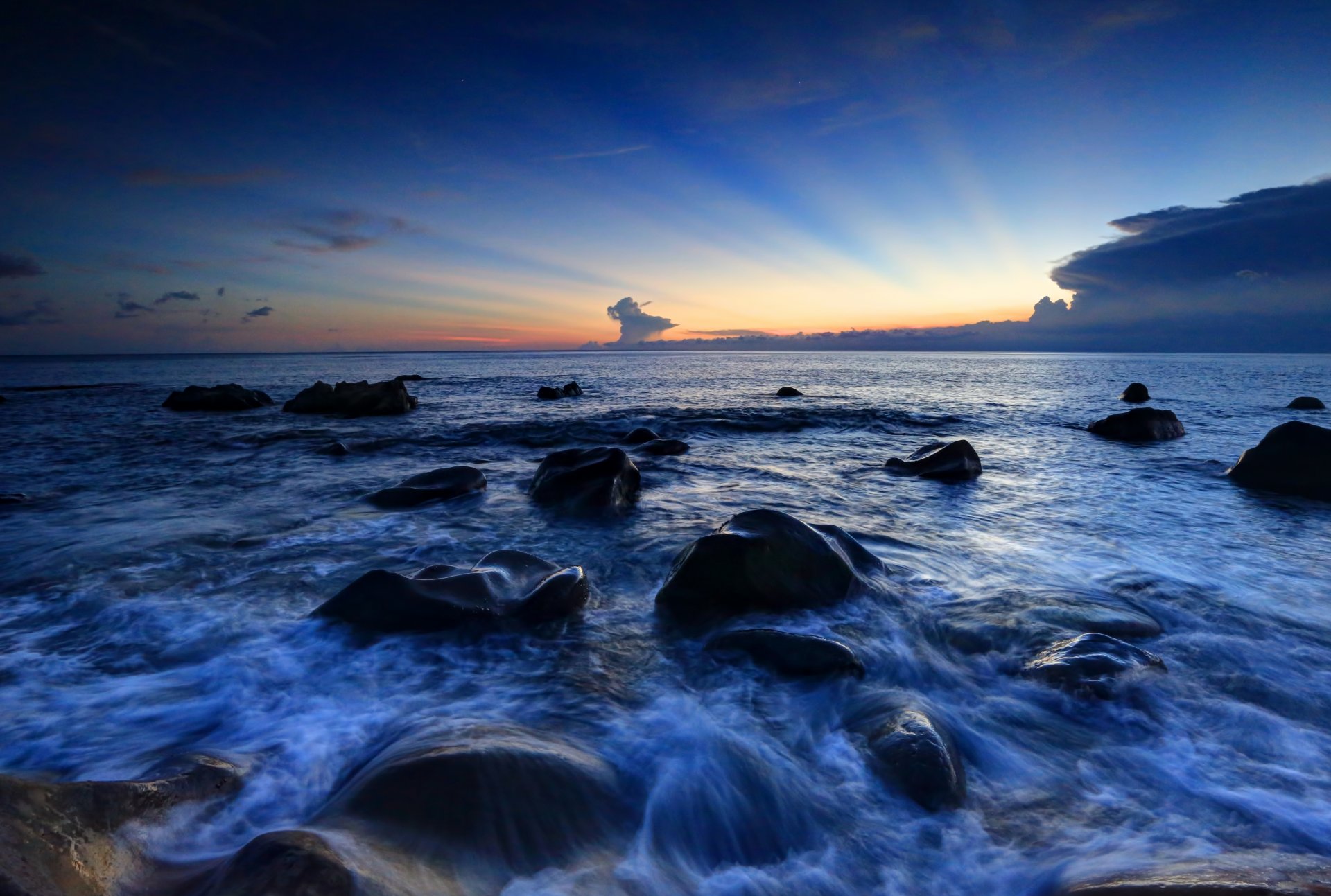 tones water sky sunset night nature landscape