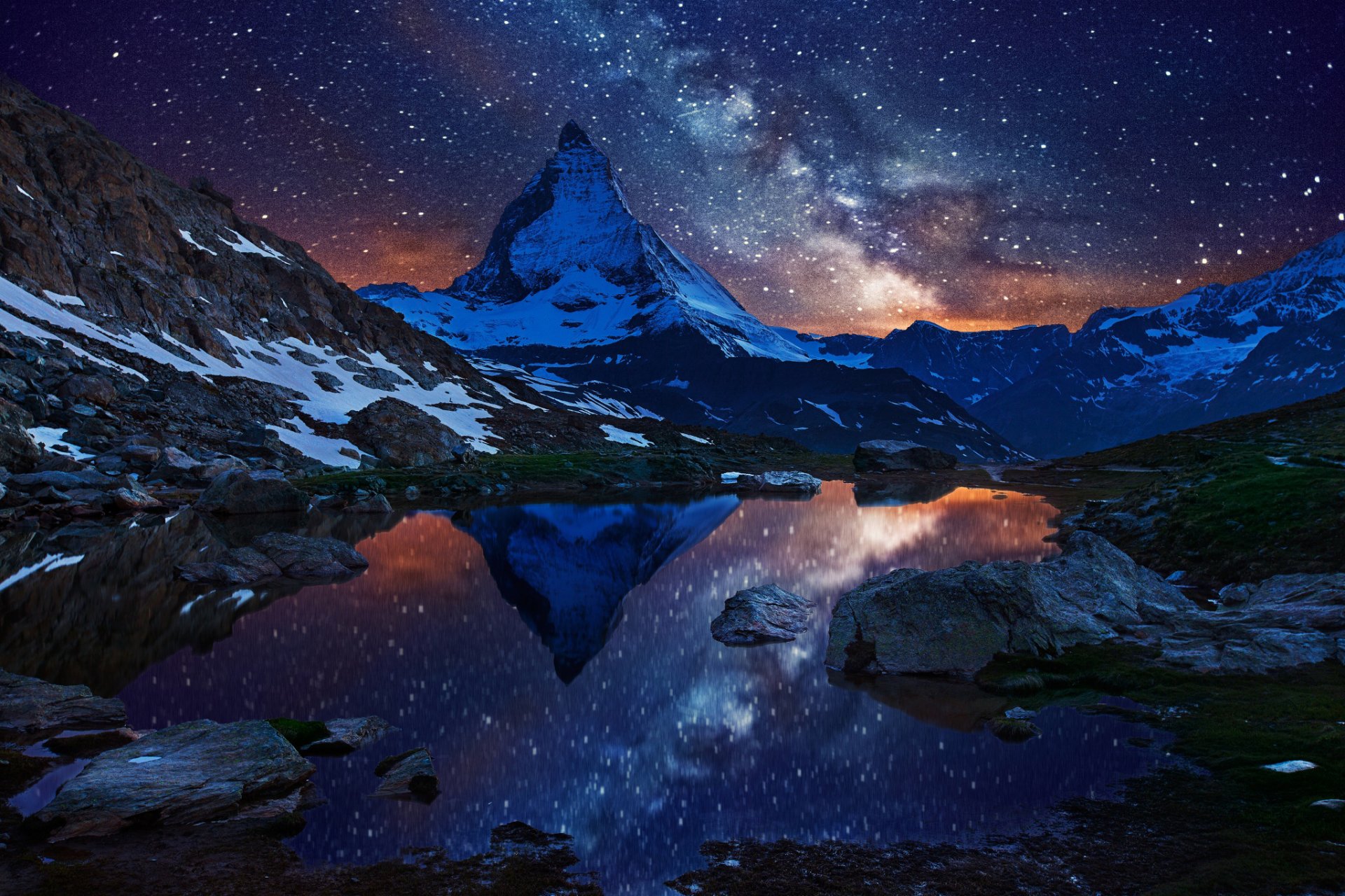 matterhorn schweiz berg gipfel alpen see schnee himmel milchstraße sterne nacht