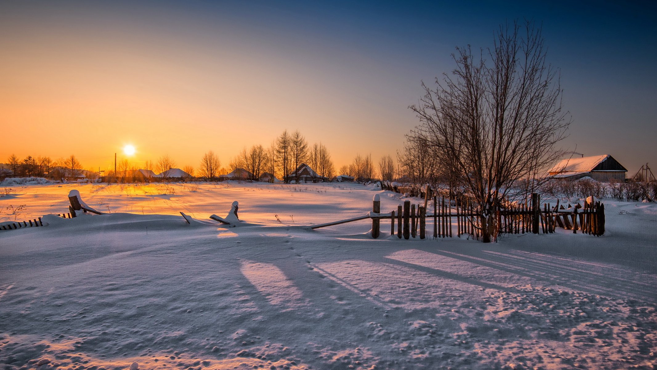 winter sunset house landscape