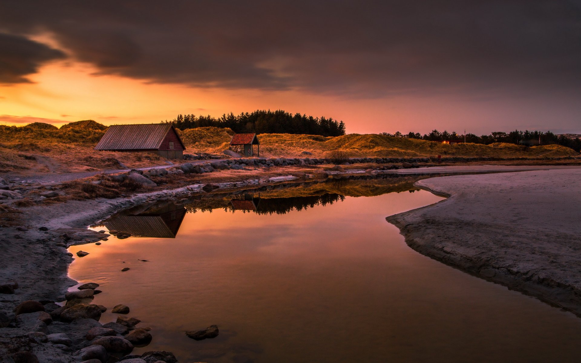 fiume tramonto case paesaggio